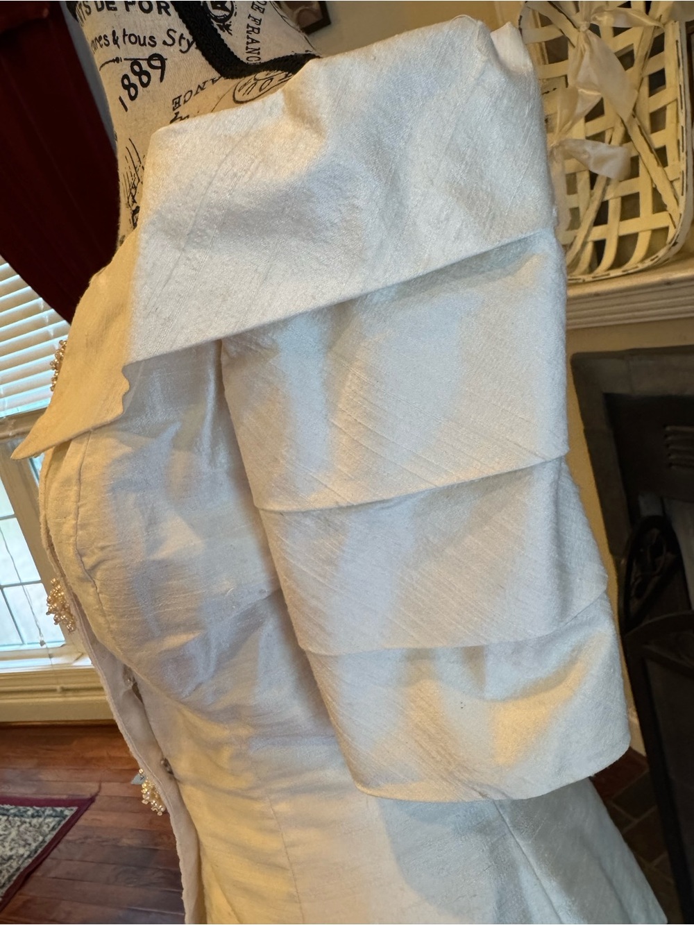 Vtg 90s Watters & Watters Silk Peplum Skirt Suit Cream Ivory Bridal Off Shoulder - Picture 4 of 15